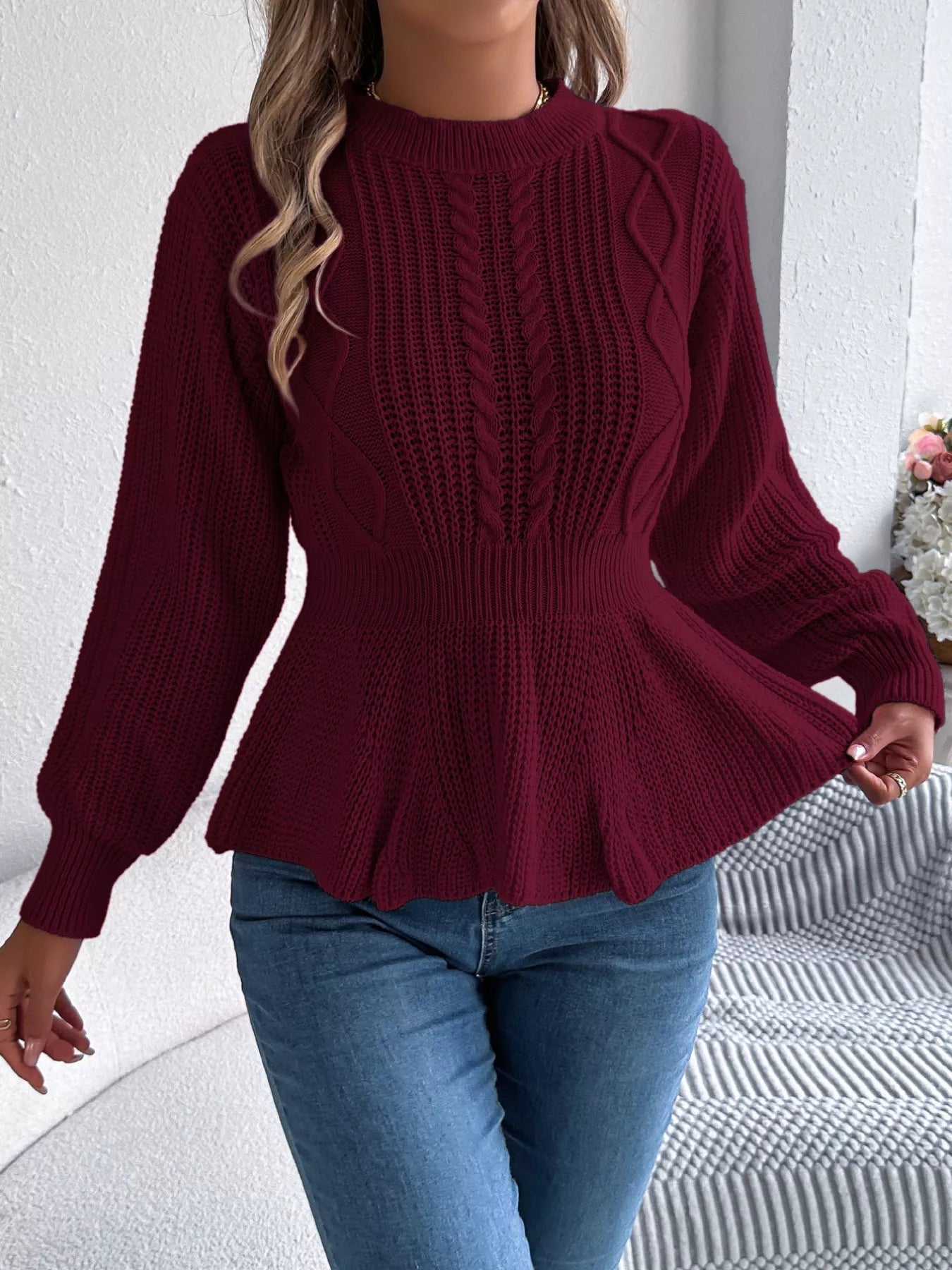 Cable Knit Round Neck Peplum Sweater 