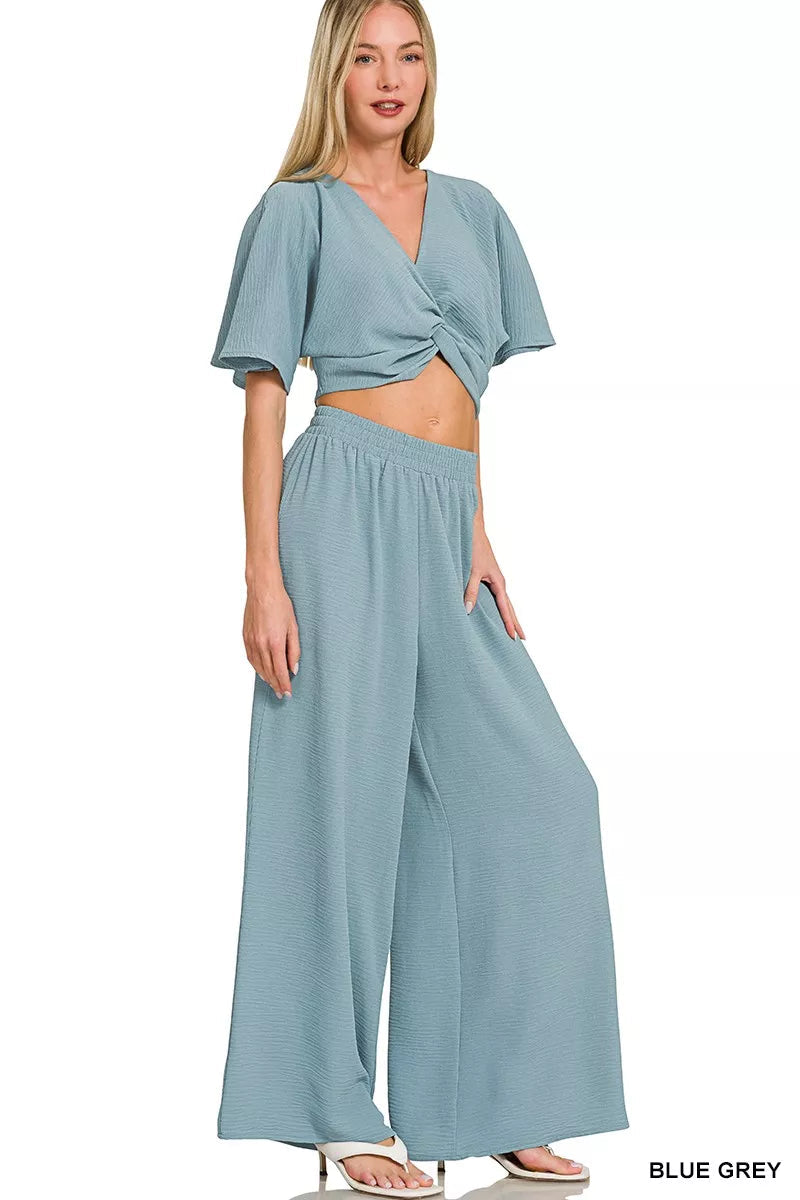 Zenana Woven Airflow Twisted Top & Wide Leg Pants Set 