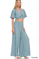 Zenana Woven Airflow Twisted Top & Wide Leg Pants Set 