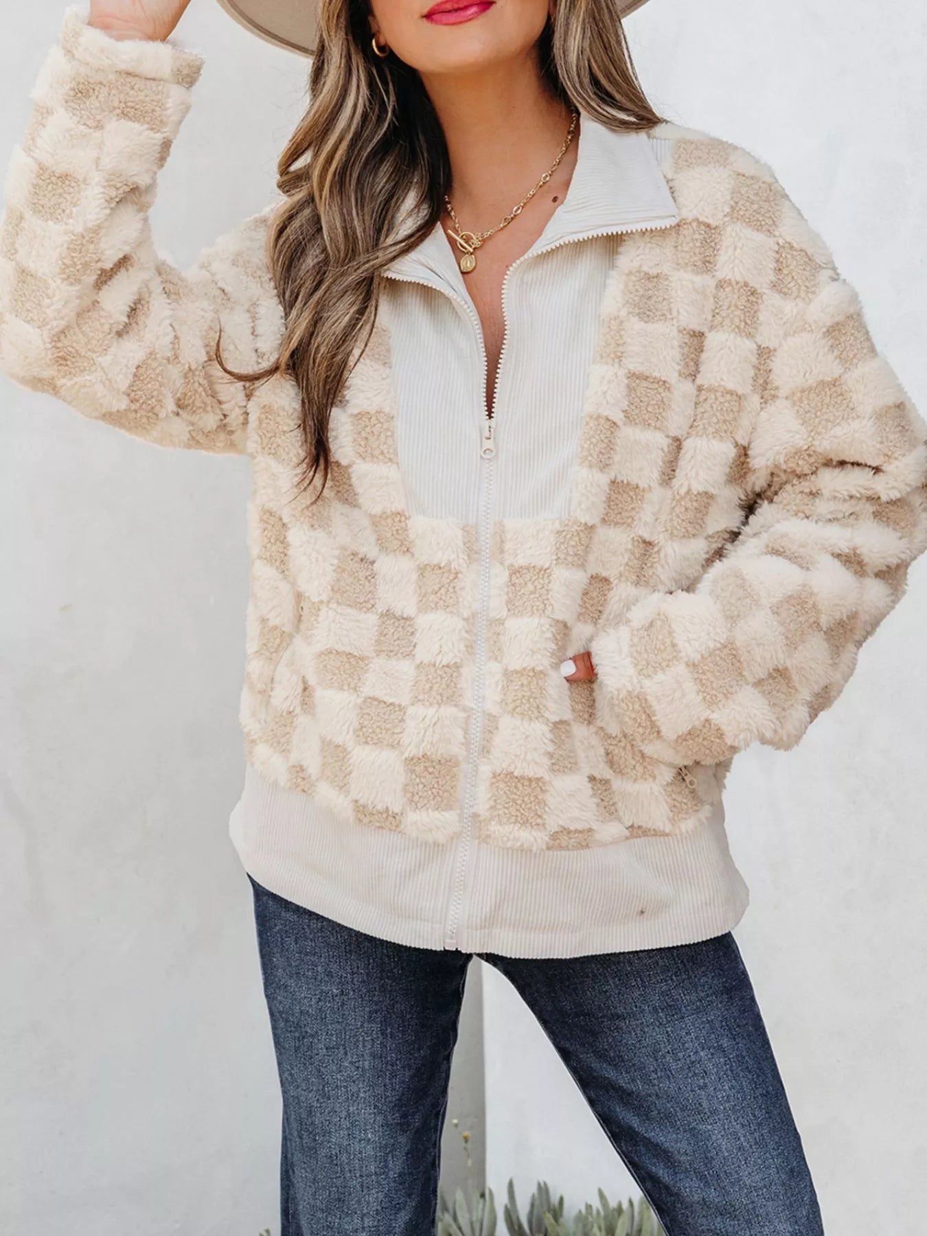 Checker Sherpa Corduroy Patchwork Zip Up Jacket 