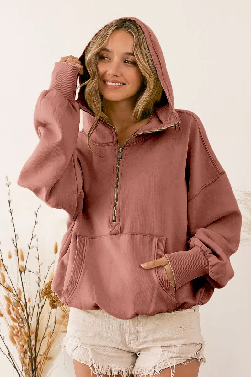 BiBi Stitch Detailed Elastic Hem Half Zip Fleece Hoodie 