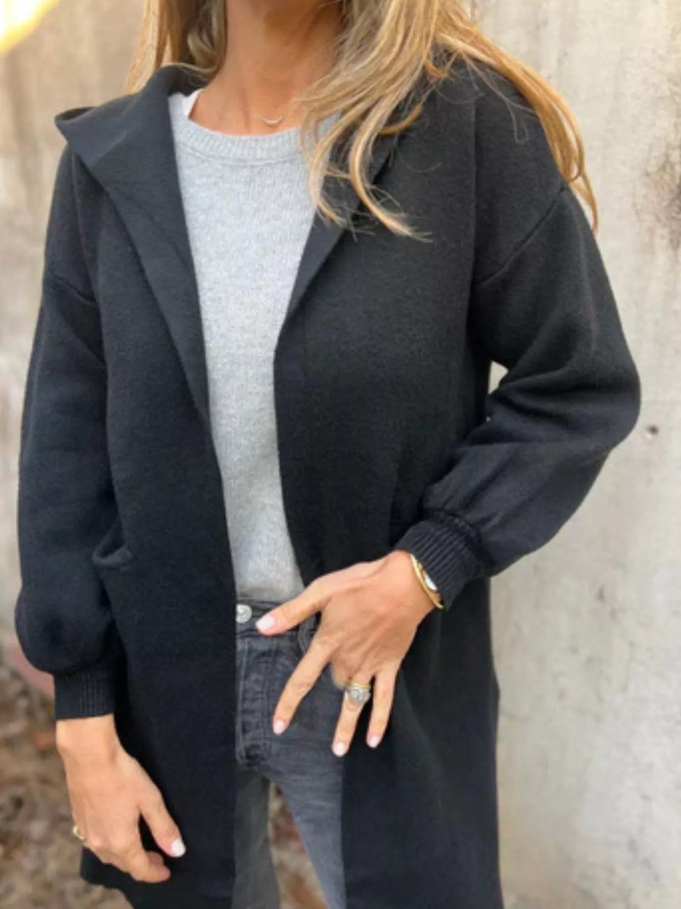 Full Size Open Front Drop Shoulder Hooded Cardigan Plus Size 