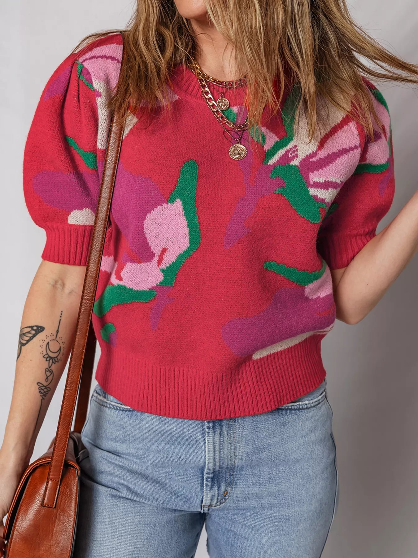 Floral Abstract Print Short Puff Sleeve Sweater 