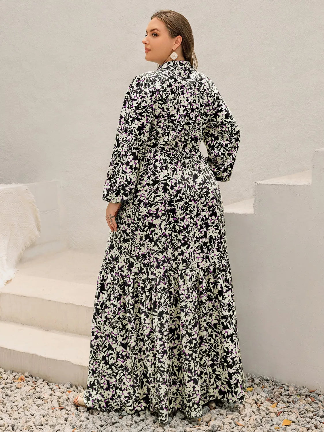 Plus Size Floral Print Long Sleeve Tiered Maxi Dress 