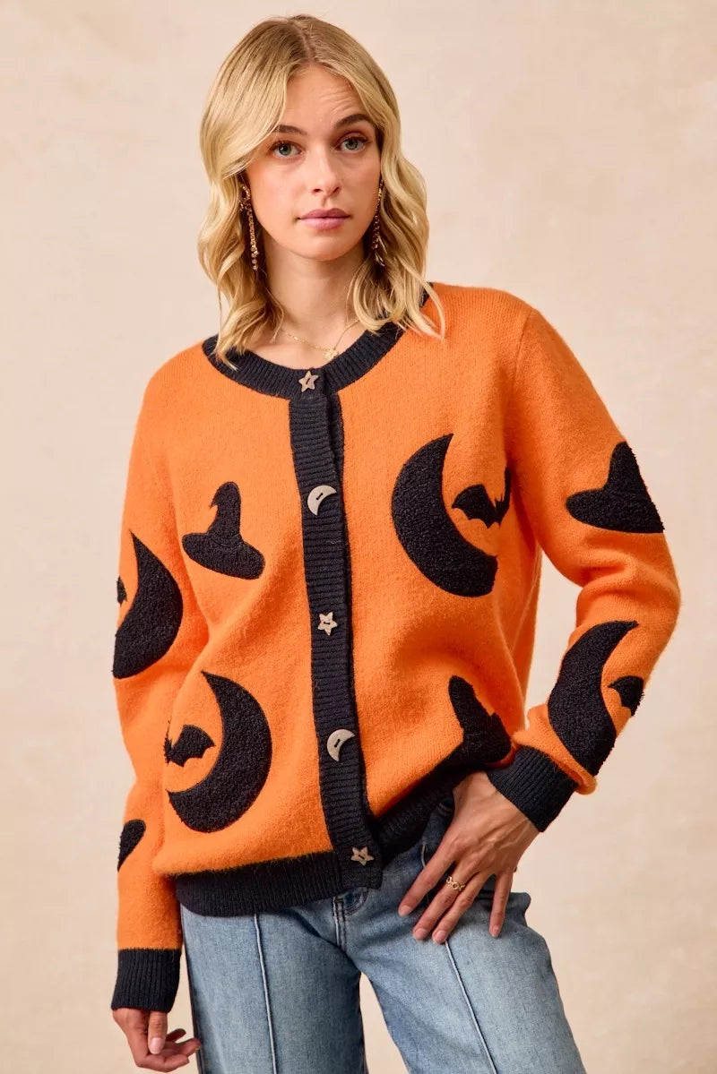 BiBi Halloween Witch Hat Moon Bat Artwork Cardigan 