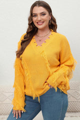 Plus Size Fringe V-Neck Long Sleeve Sweater 