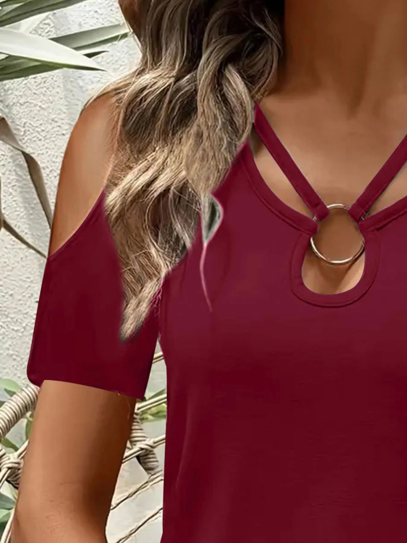 Cold Shoulder T-Shirt with Metal Ring Detail 