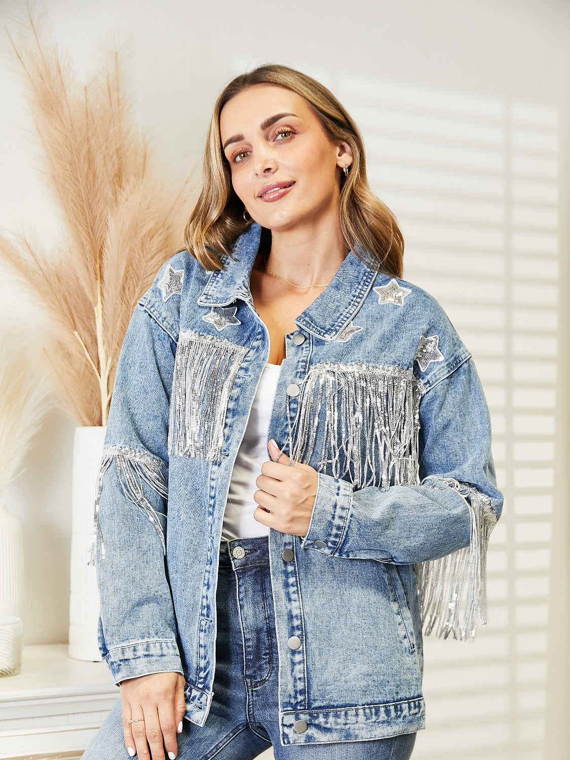 Fringe Detail Long Sleeve Denim Jacket 