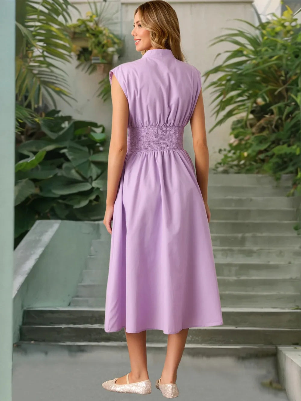 Smocked Zip Front Cap Sleeve Dress 