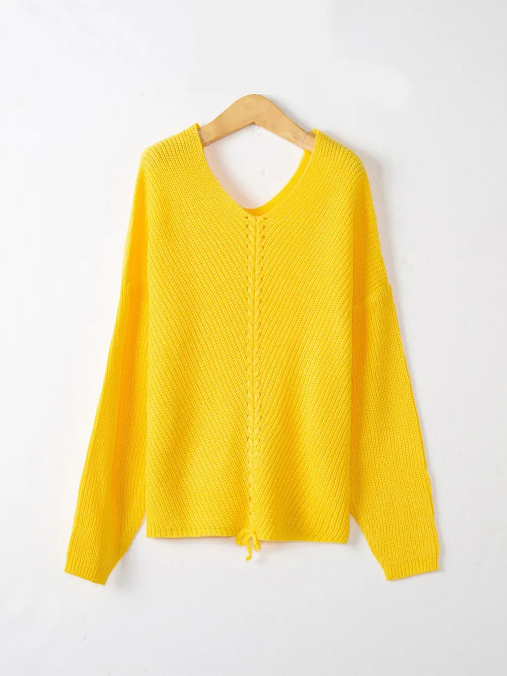 Full Size Lace Up V-Neck Long Sleeve Sweater 