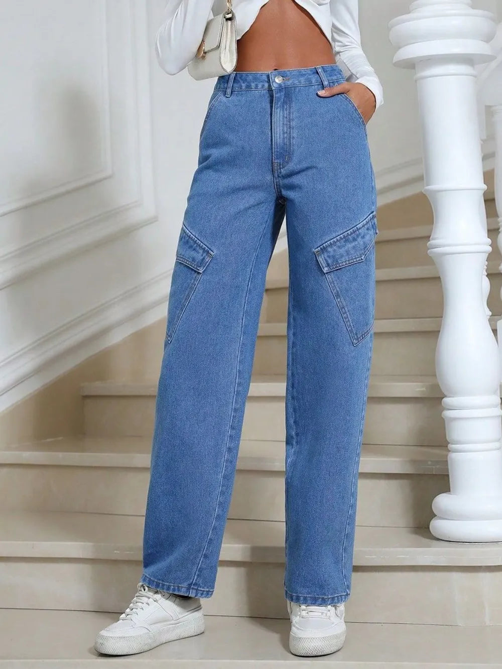 High Waist Straight Leg Jeans with Pockets 