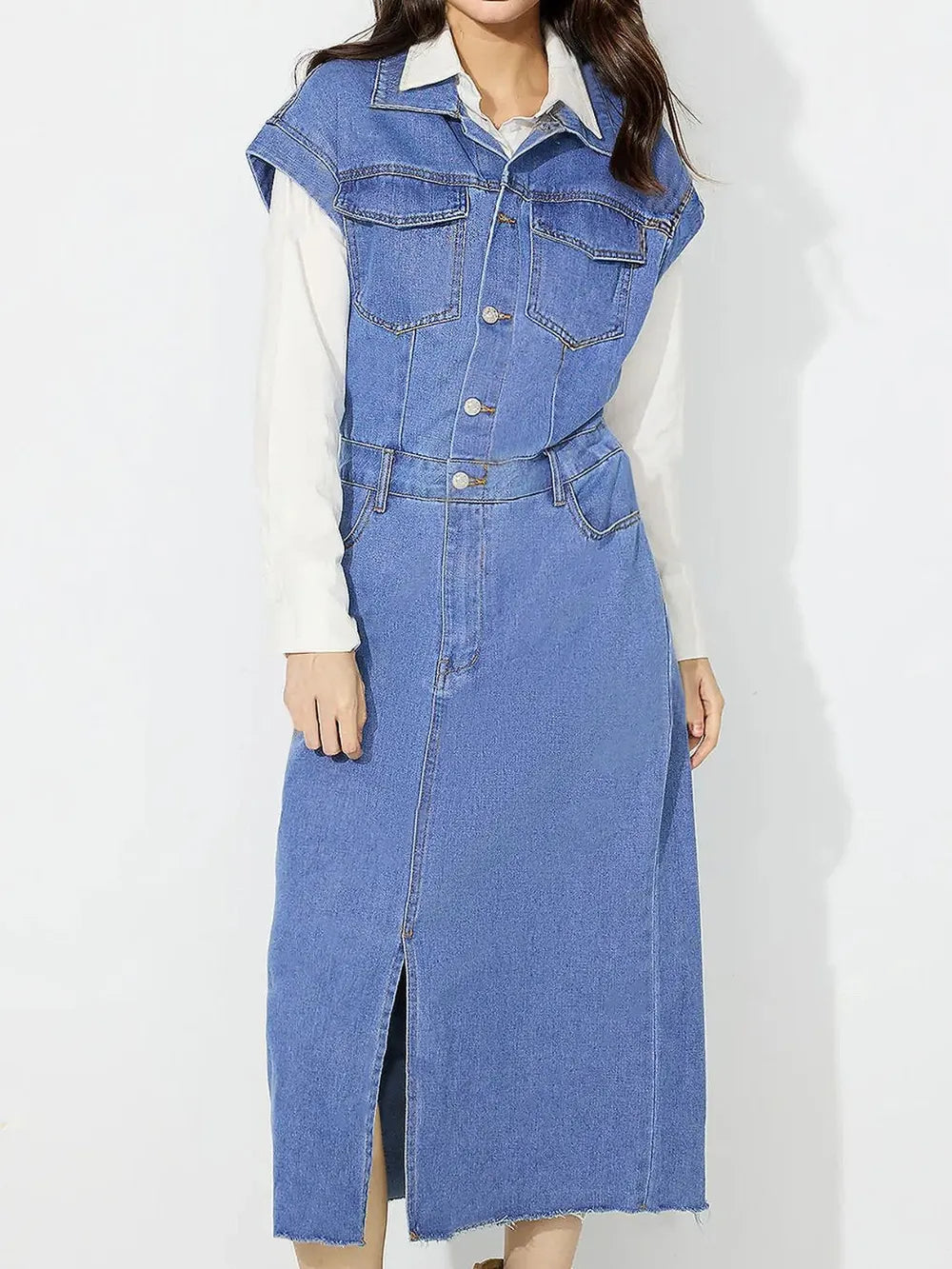 Slit Half Button Collared Neck Cap Sleeve Denim Dress 