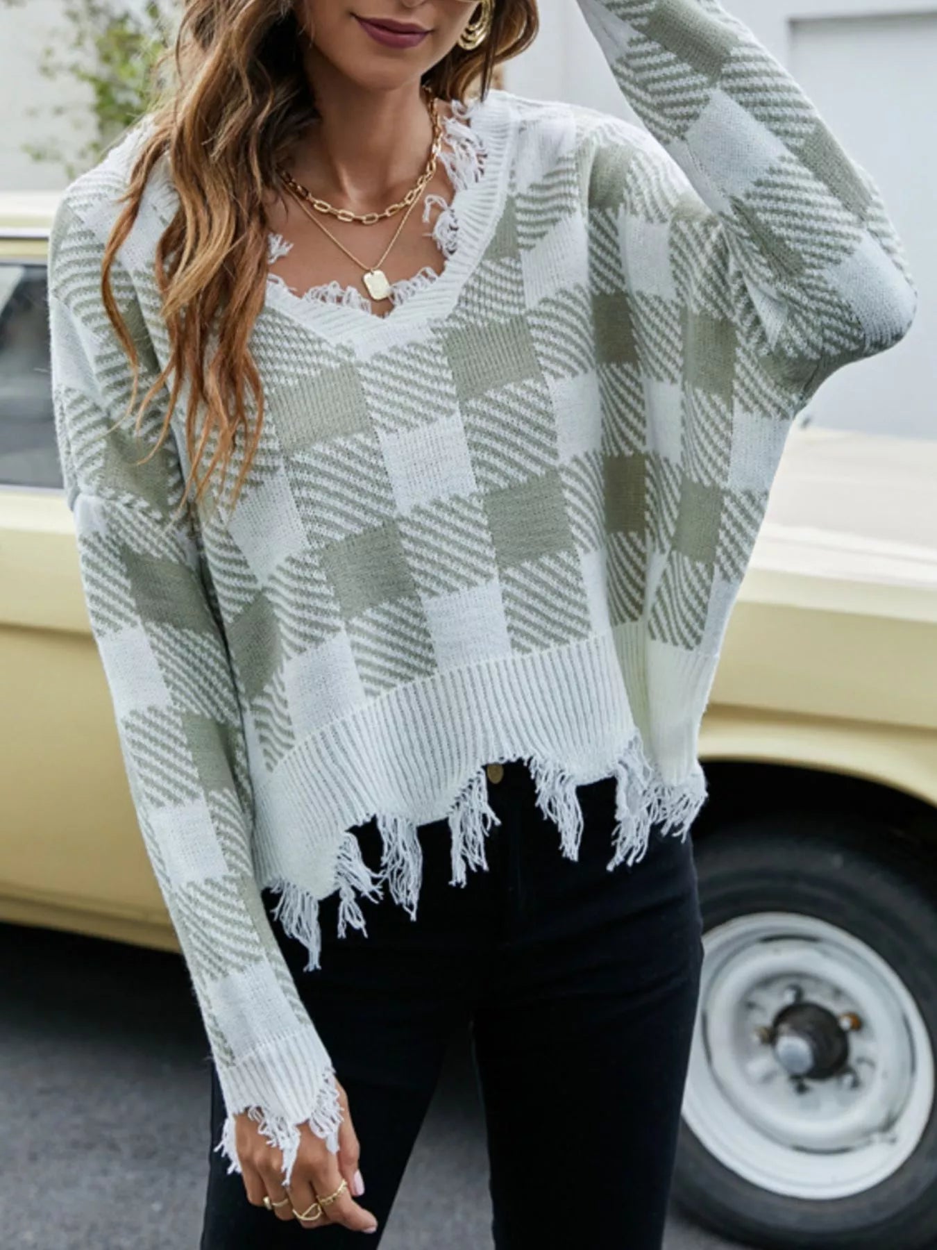 Frayed Hem Long Sleeve Sweater 