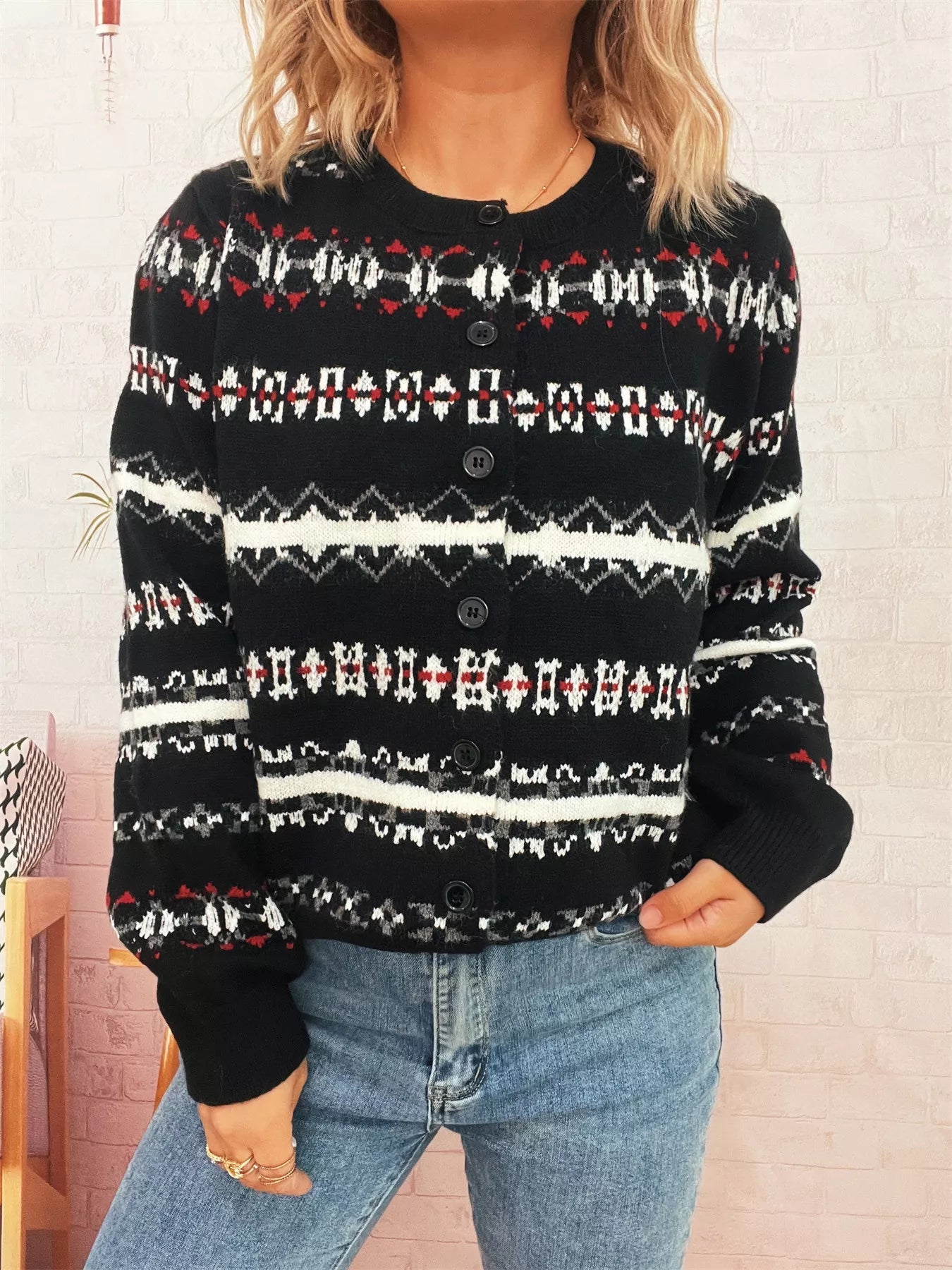 Vintage Pattern Button-Down Cardigan 