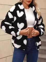 Heart Fuzzy Fleece Zip-Up Outerwear 