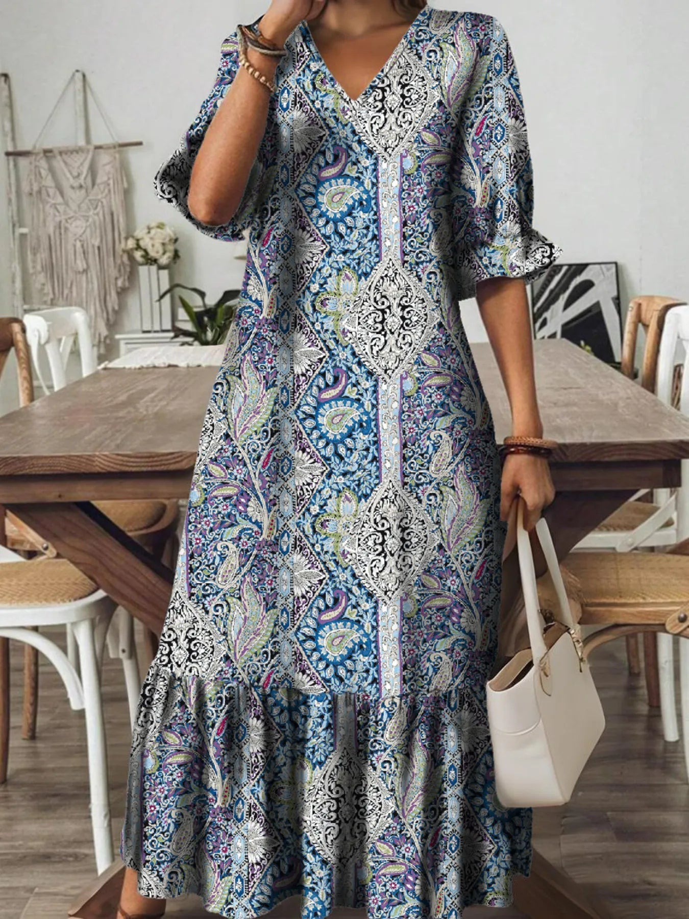 Full Size Bohemian Paisley Print V-Neck Midi Dress Plus Size 