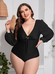 Plus Size Tied Deep V Balloon Sleeve One-Piece Swimsuit 