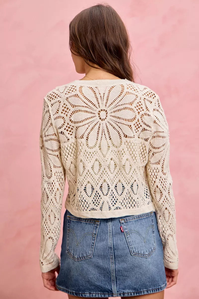 SO ME Crochet Knit Long Sleeves Cardigan Sweater 