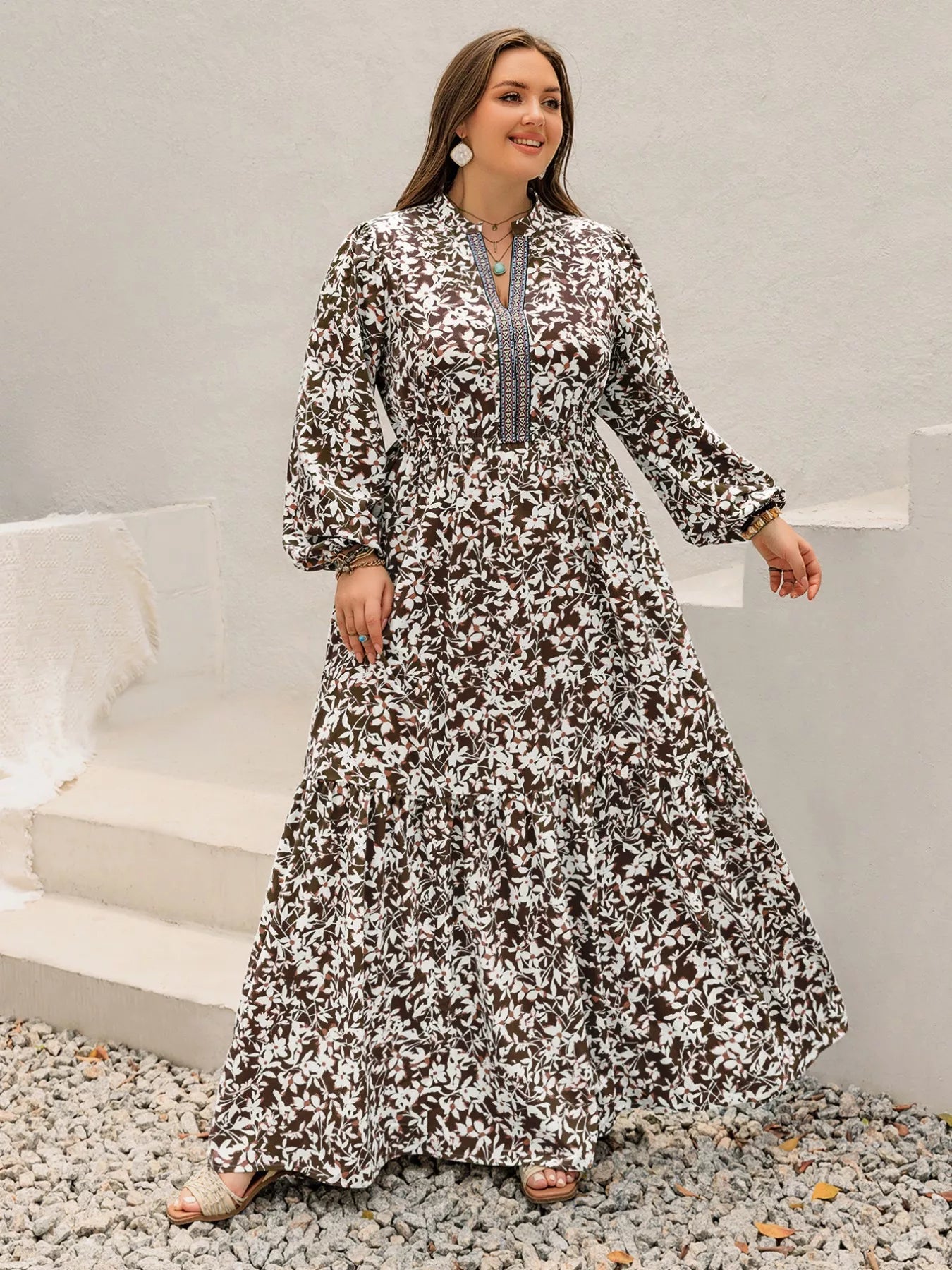 Plus Size Floral Print Long Sleeve Maxi Dress 