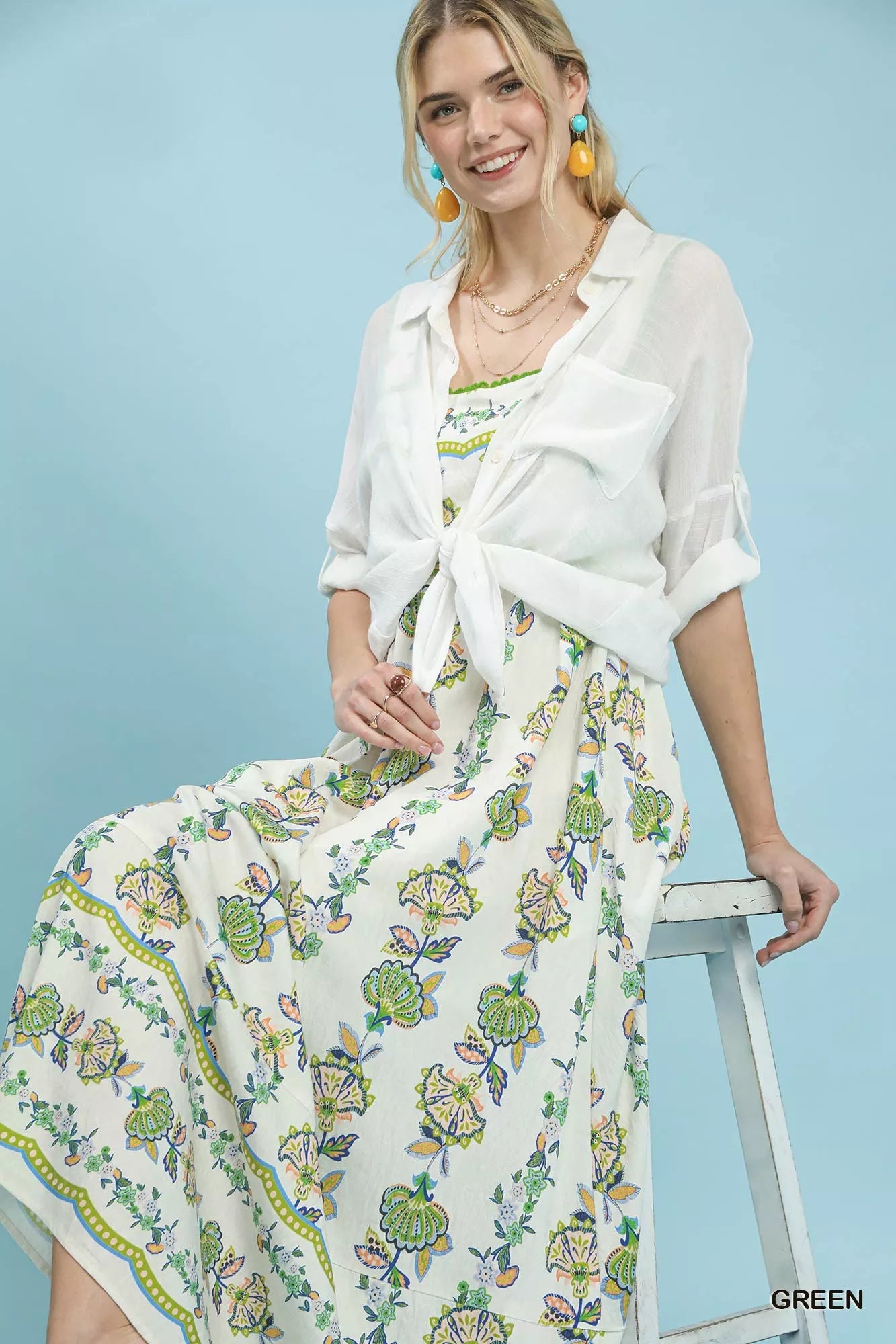 Umgee Floral Print Tiered Midi Dress 