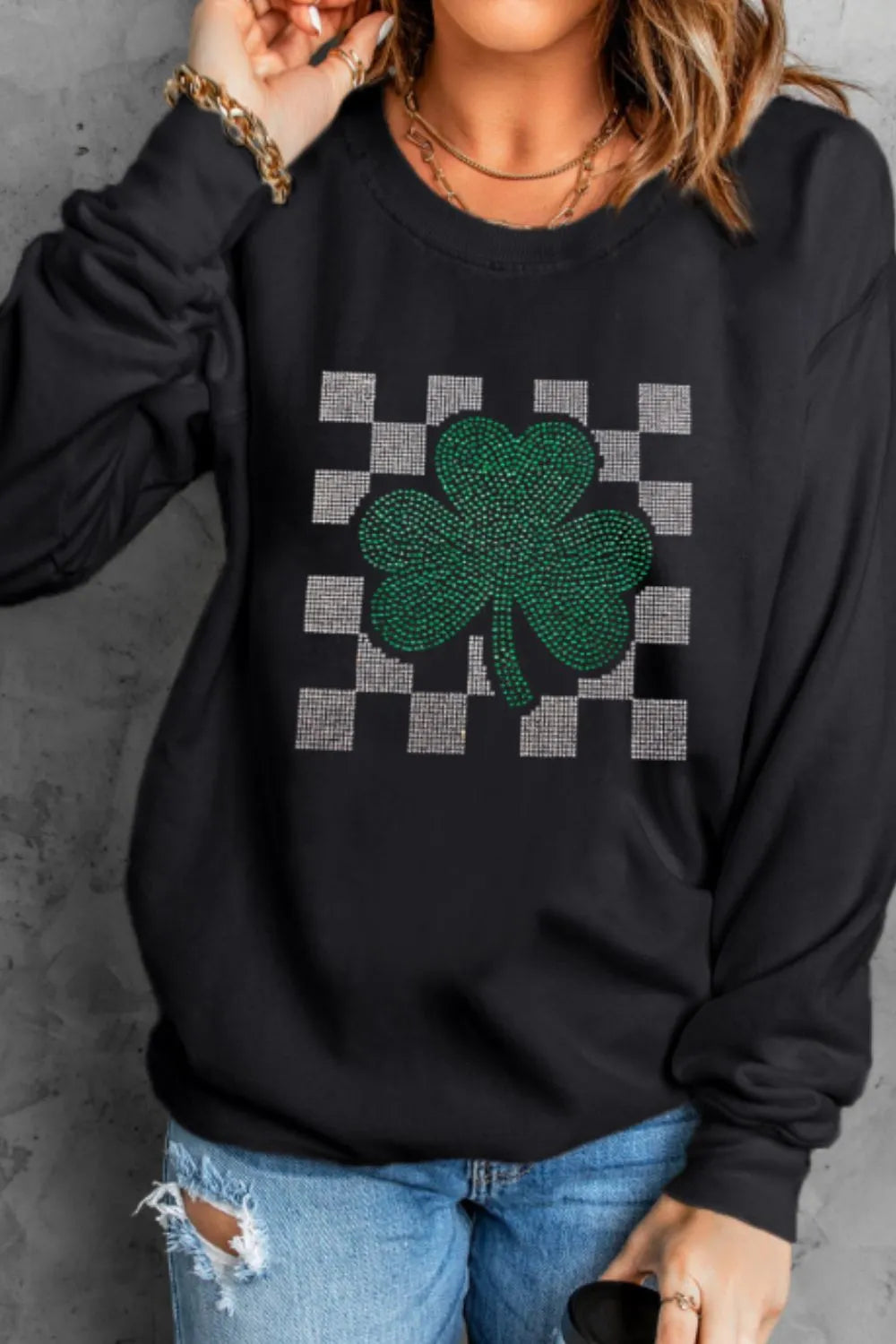 Rhinestone Checkered Lucky Clover Round Neck Sweatshirt 