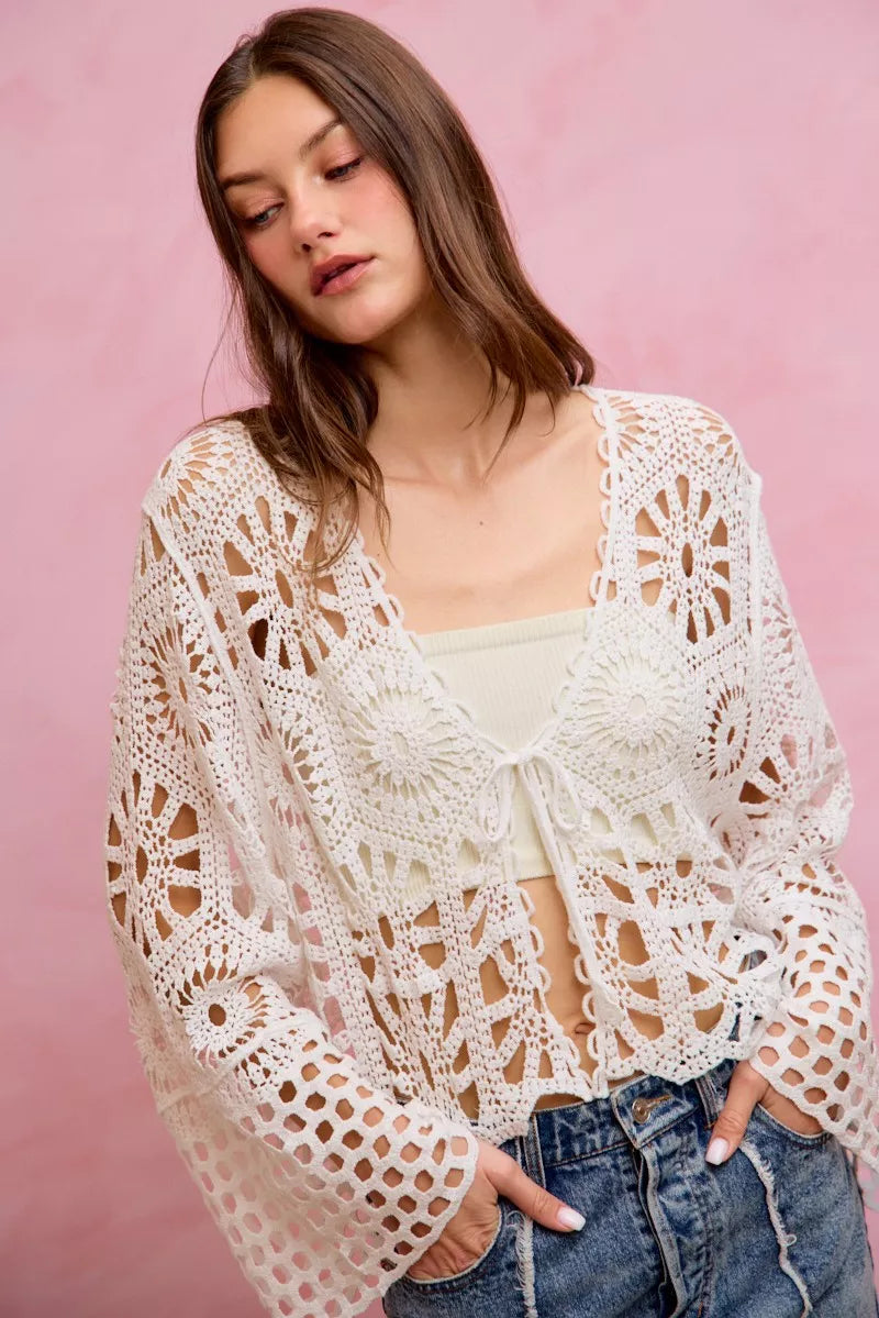 SO ME Floral Pattern Crochet Knit Tie Front Crop Cardigan 