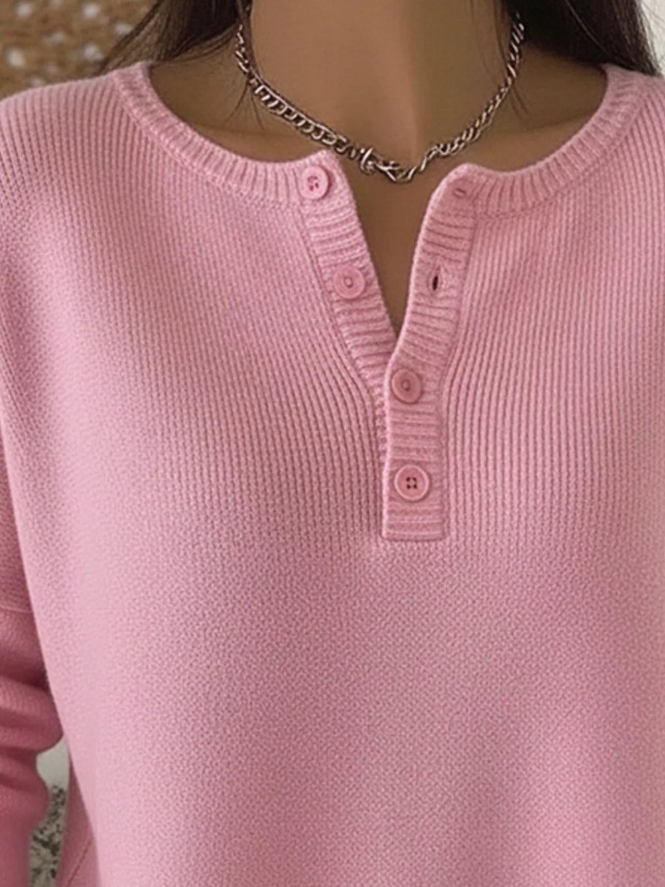 Full Size Half Button Long Sleeve Knit Top Plus Size 