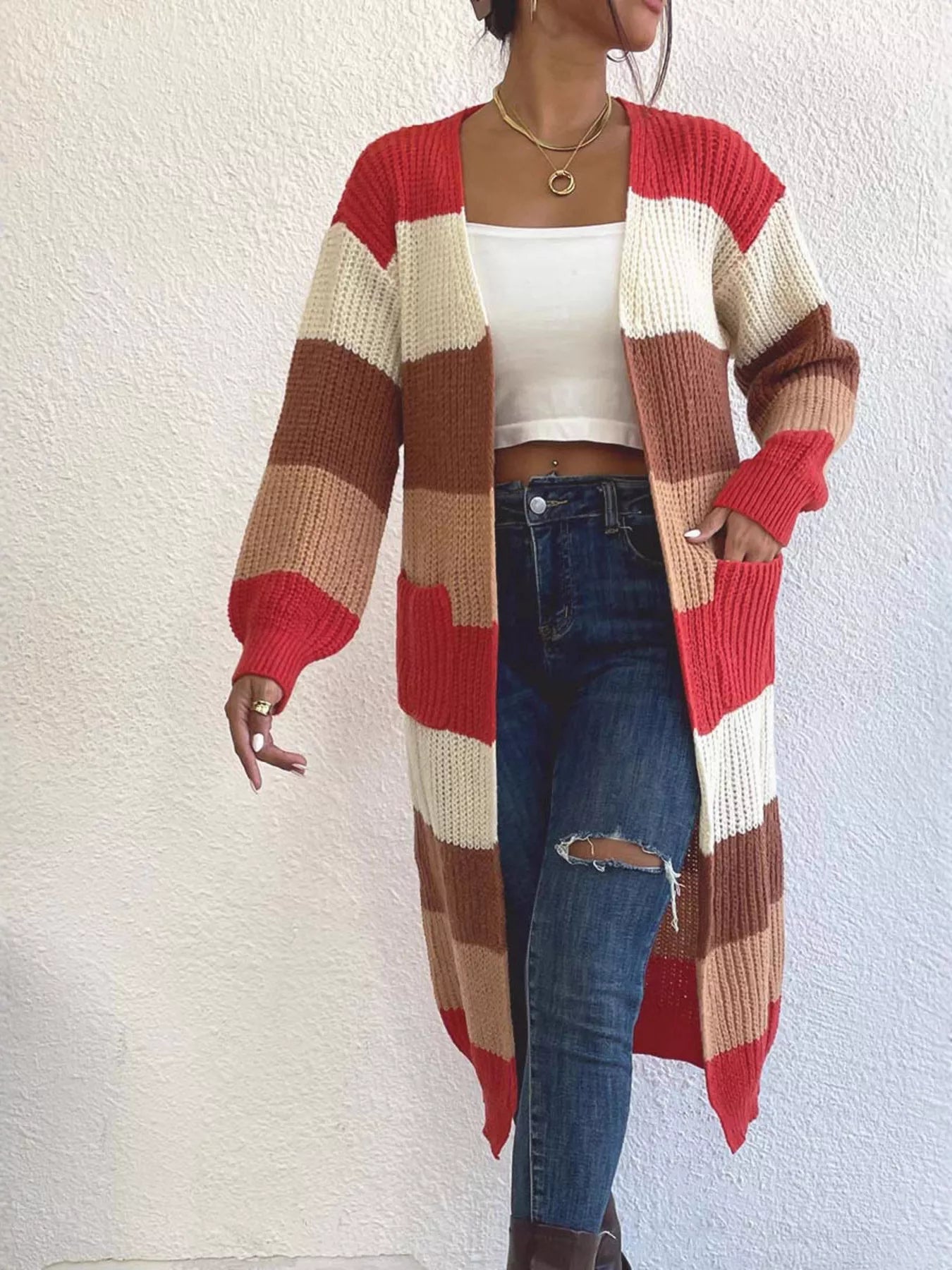 Striped Color Block Open Front Knit Cardigan 