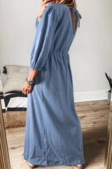 Tied Plunge Three-Quarter Sleeve Denim Dress 