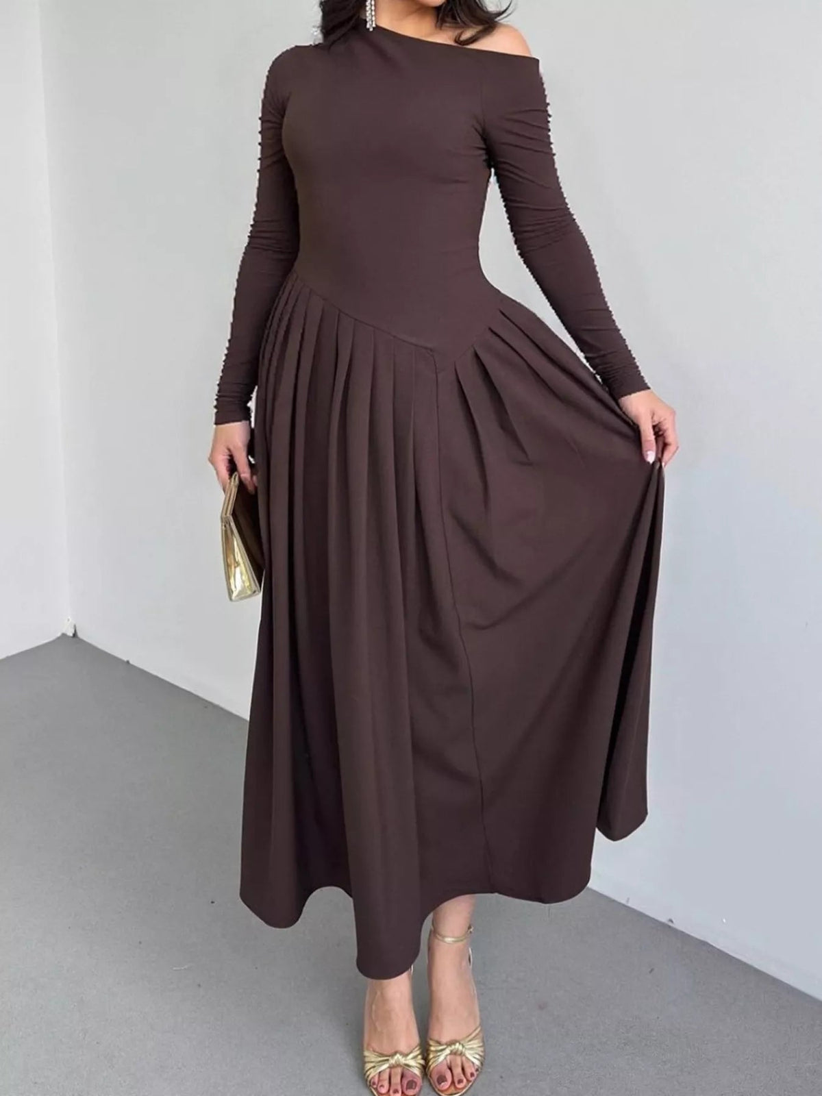 Ruched One Shoulder Long Sleeve Dress 