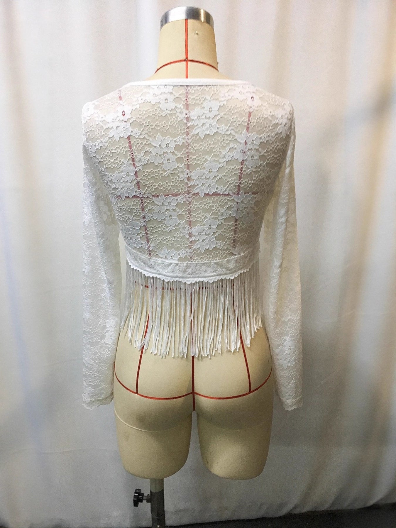 Full Size Fringe Hem Lace Long Sleeve Top Plus Size 