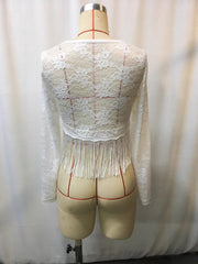 Full Size Fringe Hem Lace Long Sleeve Top Plus Size 