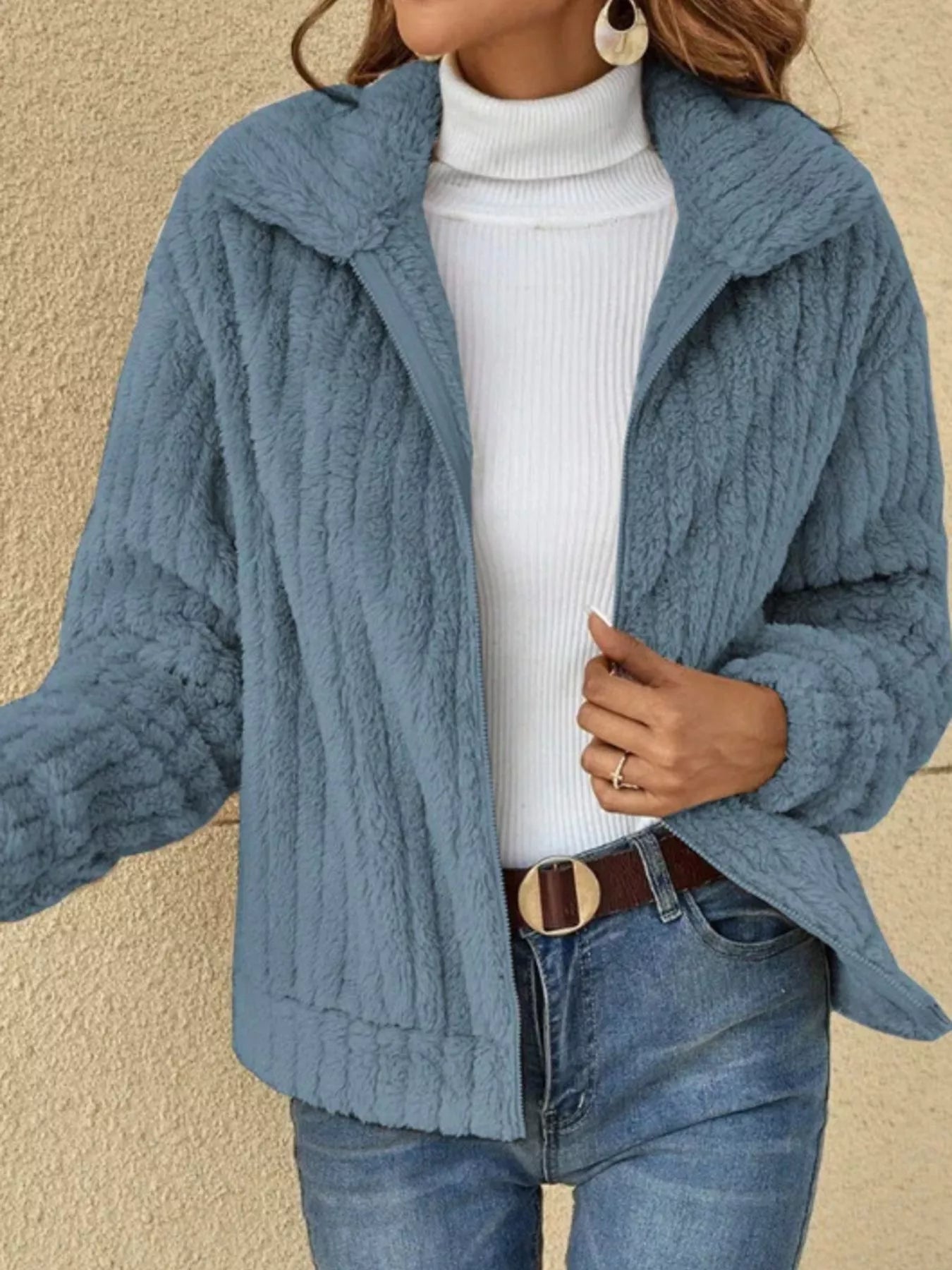 Full Size Zip-Up Long Sleeve Texture Jacket Plus Size 