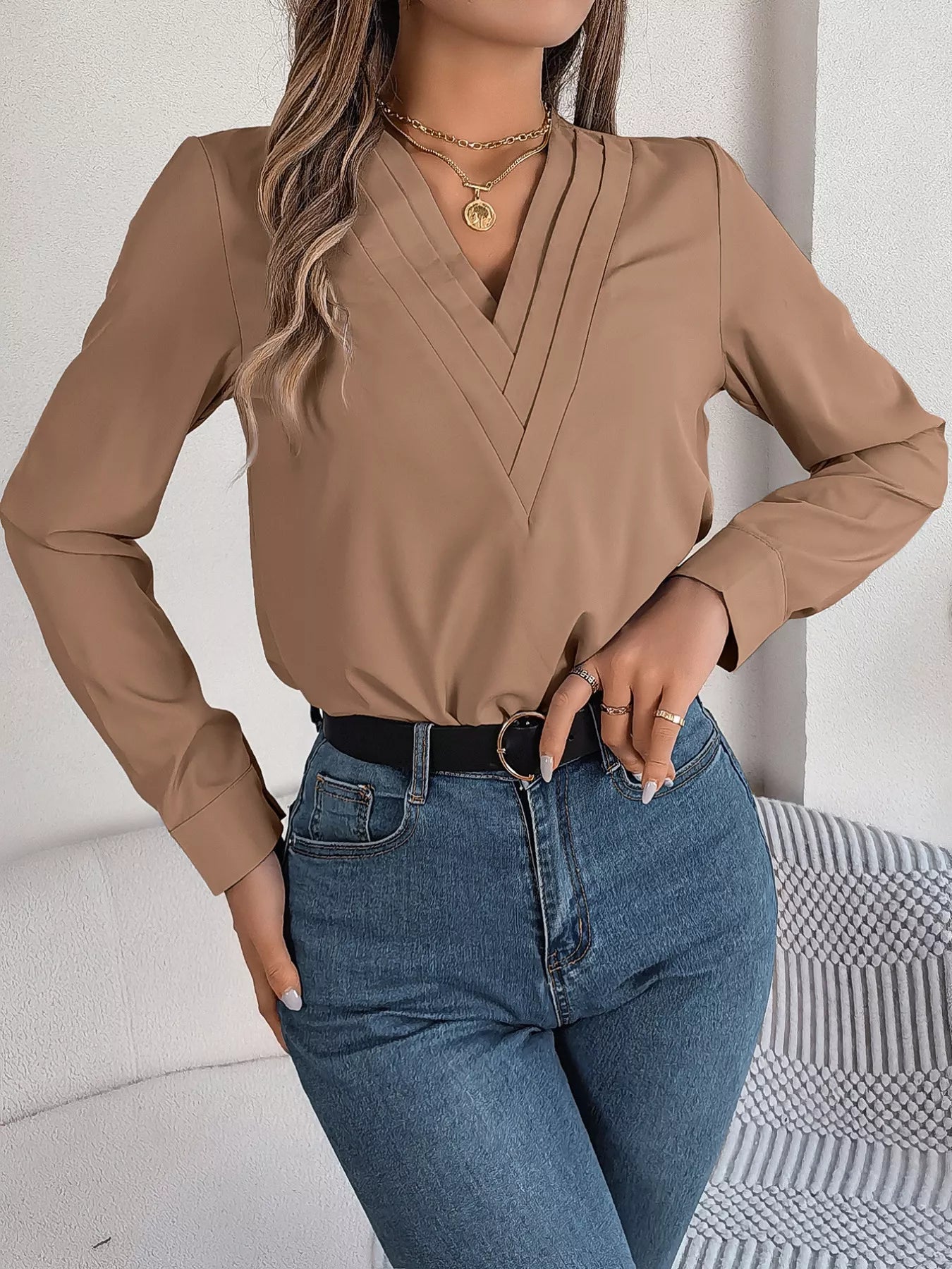 Layered V-Neck Long Sleeve Blouse 