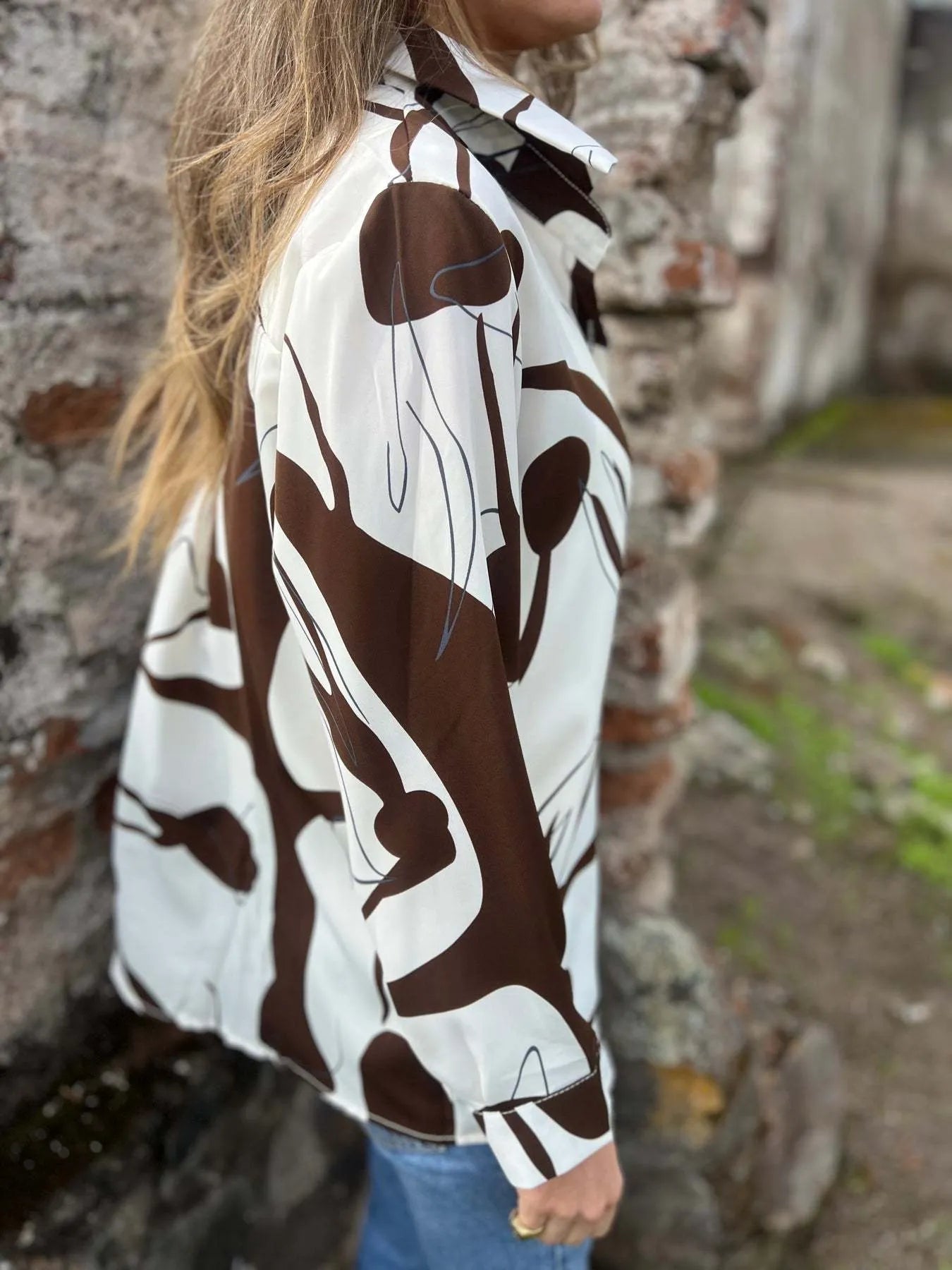 Full Size Abstract Print Long Sleeve Button-Up Shirt Plus Size 