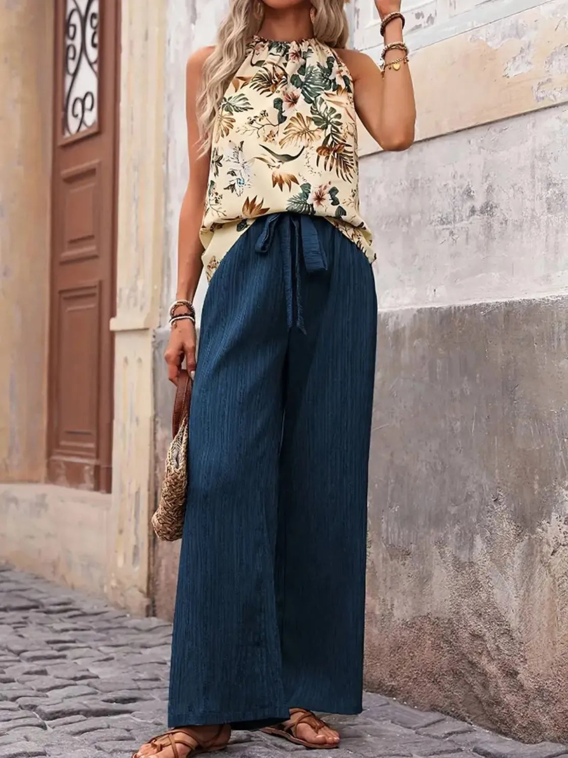 Printed Tank Top and Wide Leg Pants Set 