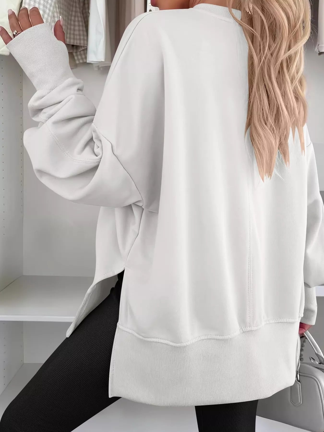 Side Slit Round Neck Long Sleeve Sweatshirt 