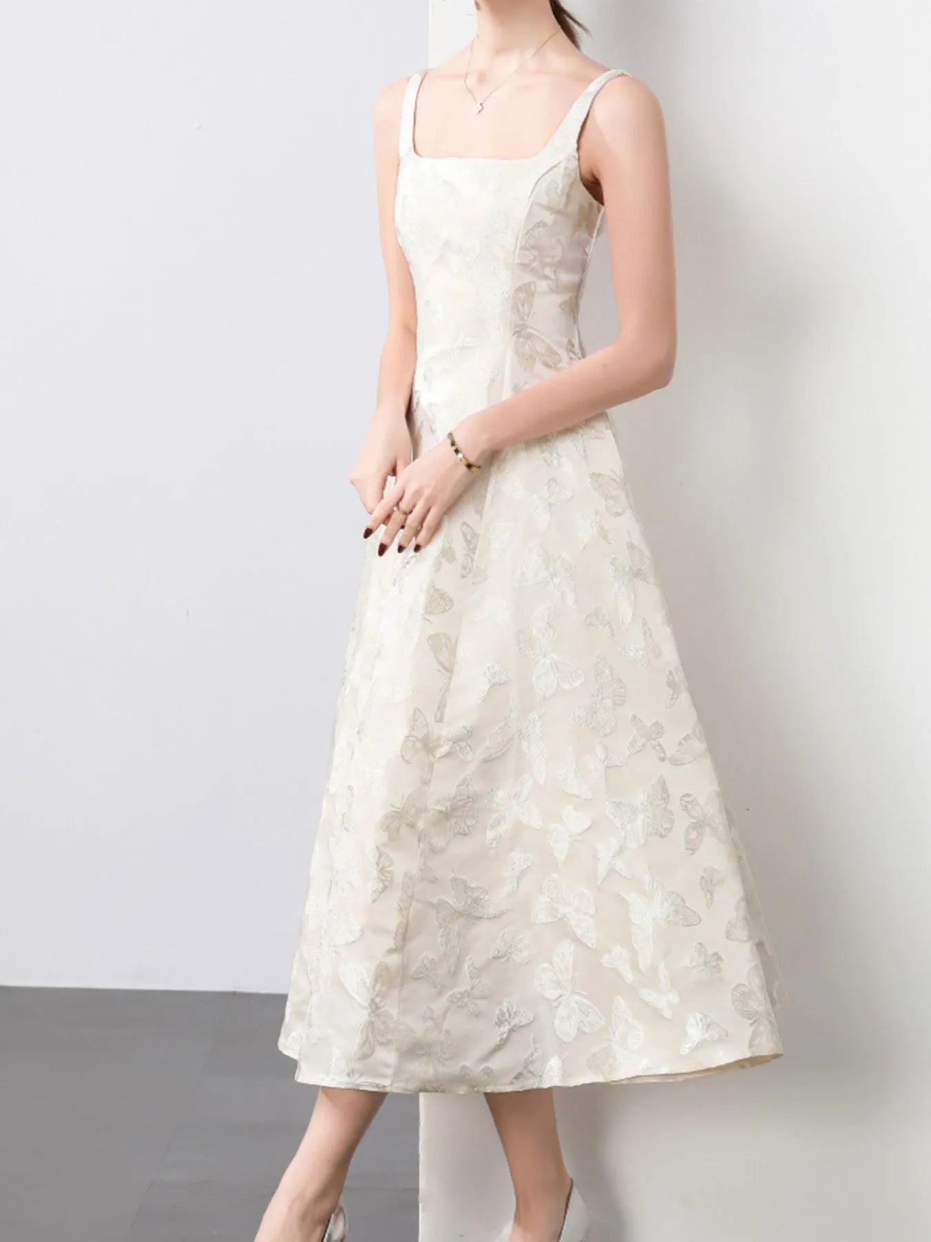 Butterfly Pattern A-Line Sleeveless Midi Dress 