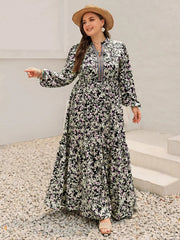 Plus Size Floral Print Long Sleeve Tiered Maxi Dress 