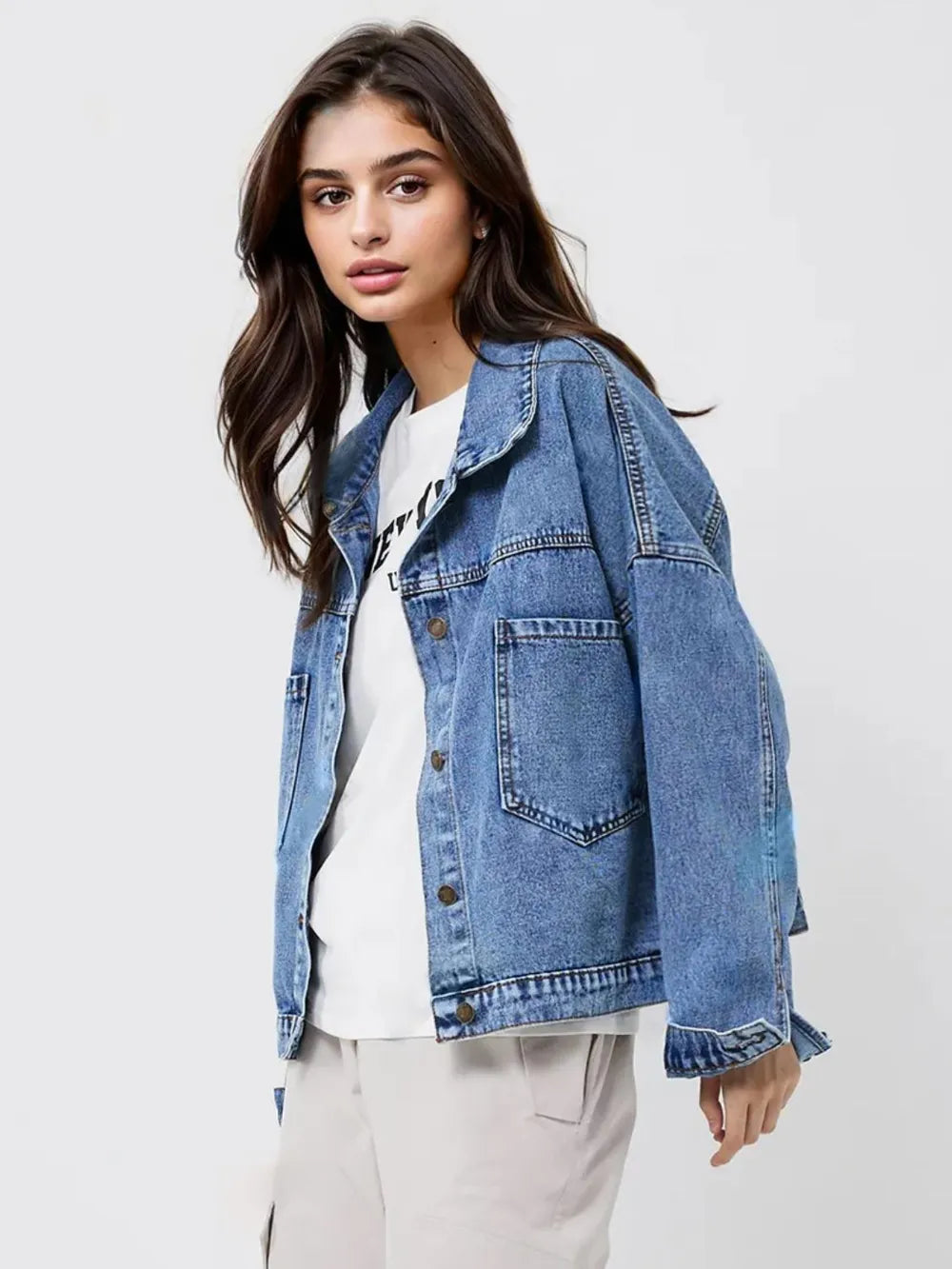 Pocketed Button Up Long Sleeve Denim Top 