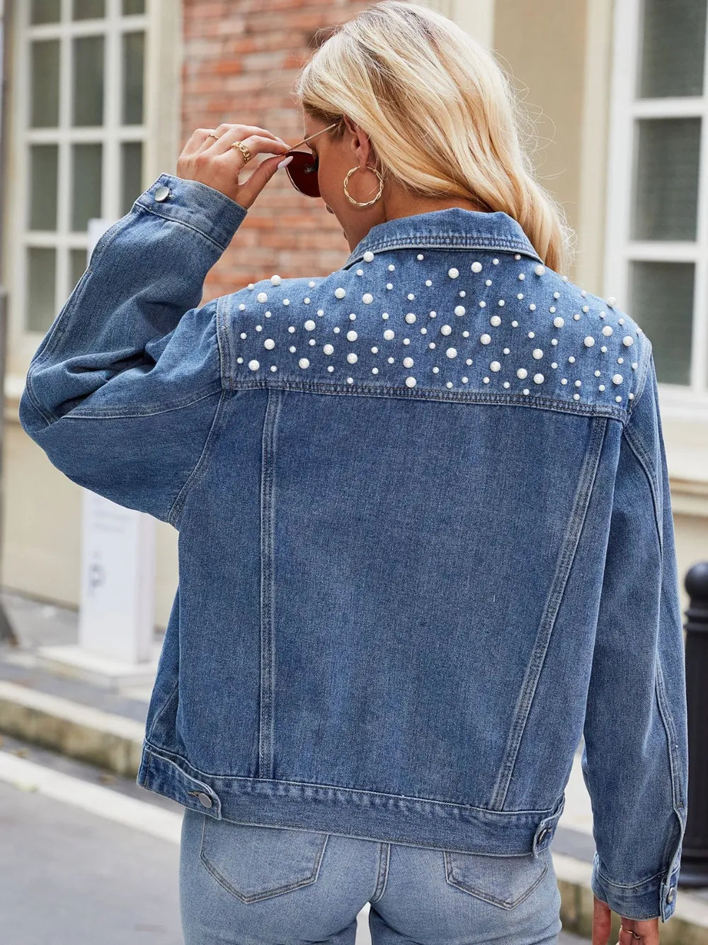Pearl Detail Collared Neck Long Sleeve Denim Jacket 