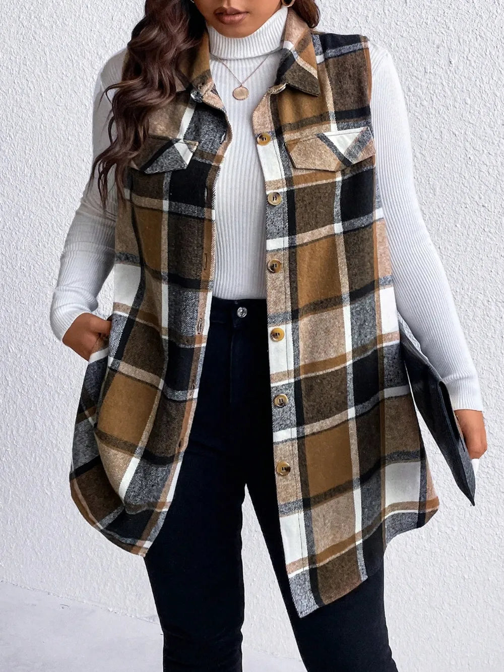 Honey Plus Size Pocketed Plaid Button Up Vest Coat 