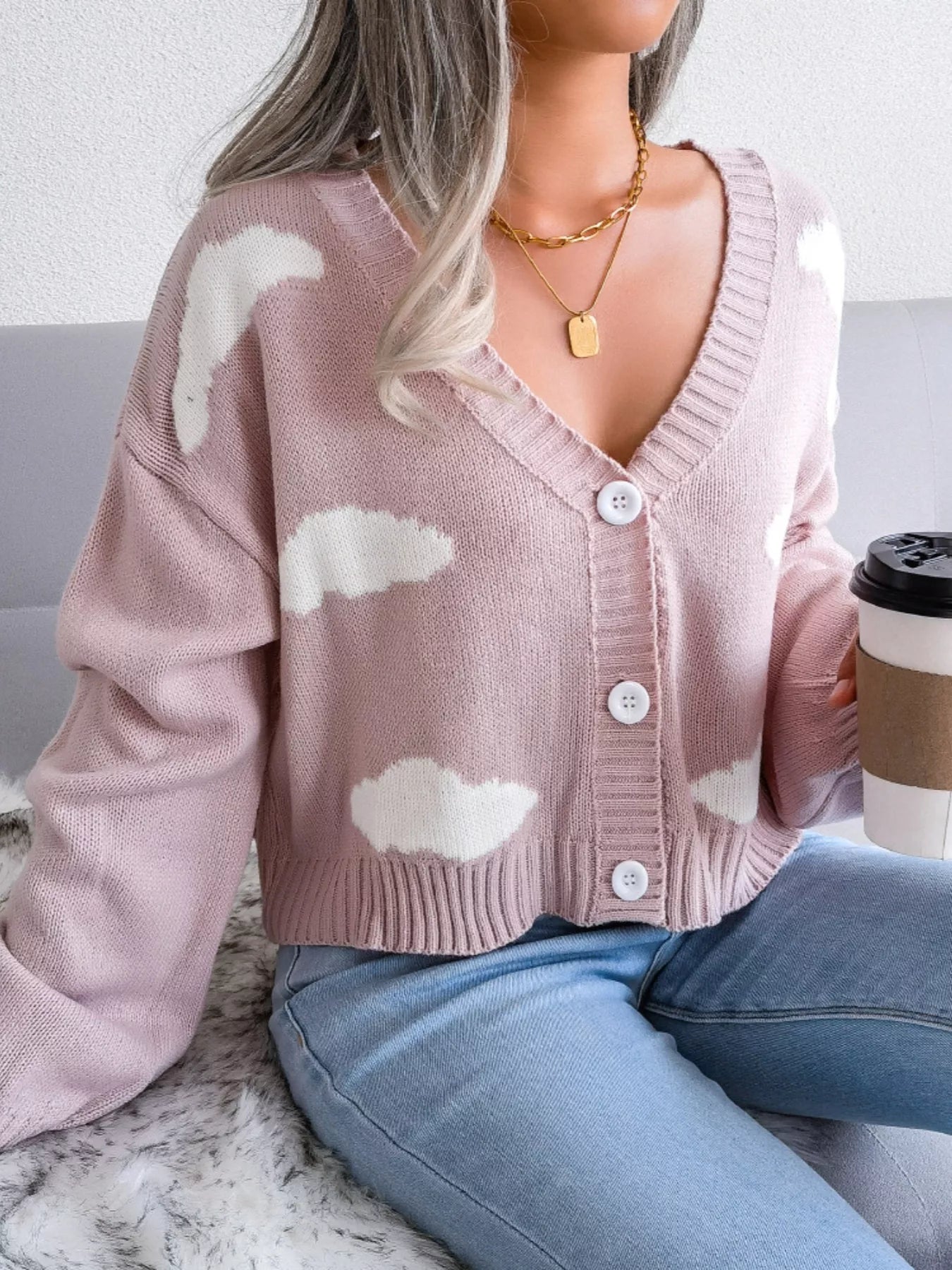 Cloud Pattern Button-Up Cropped Cardigan 