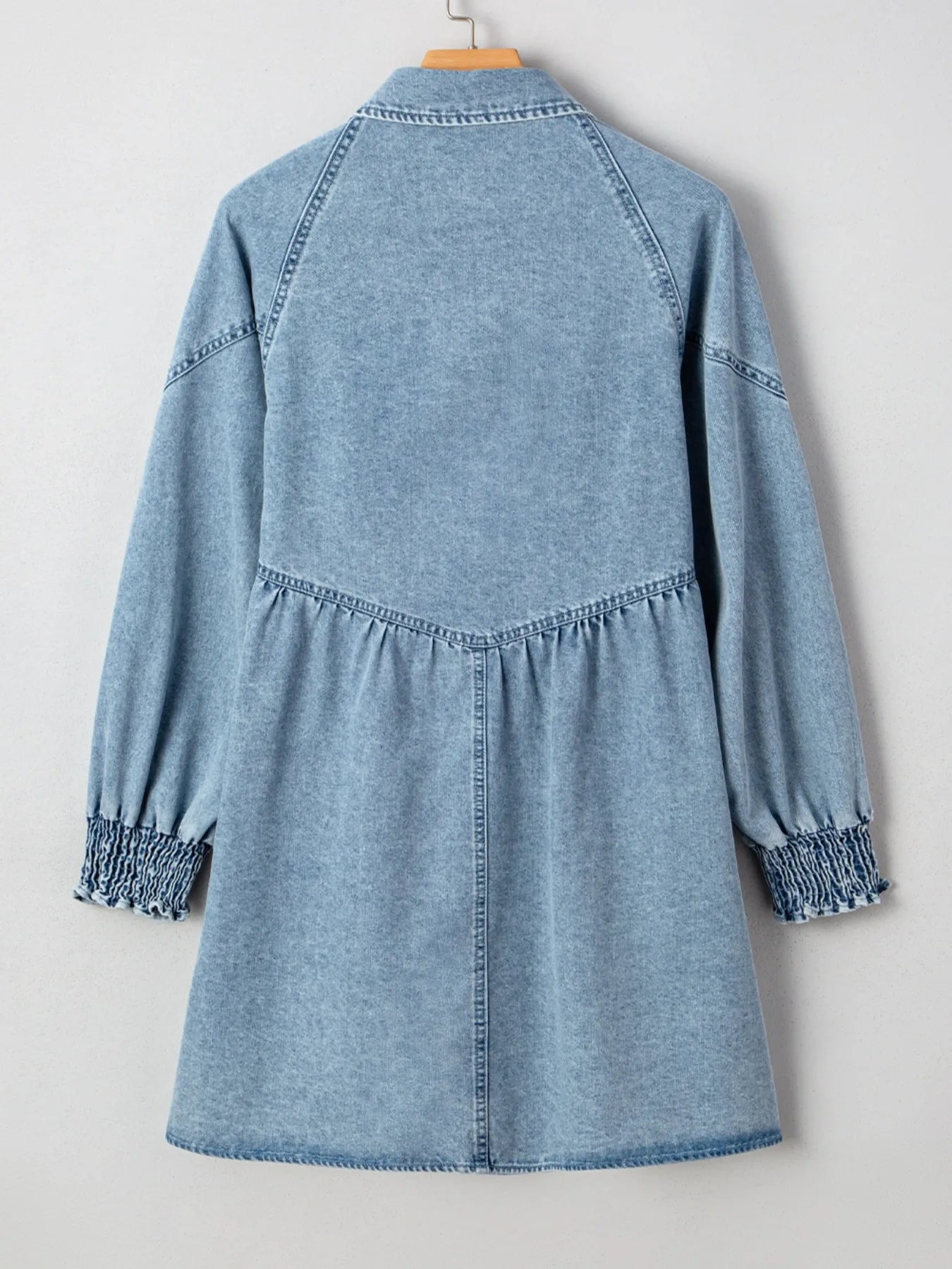 Button-Up Denim Shirt Dress with Smocked Cuffs 