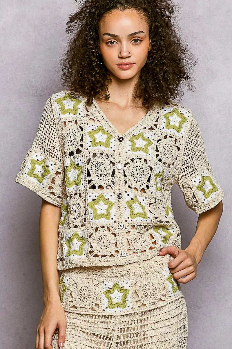 POL Button Front V-Neck Crochet Cardigan with Contast Star 
