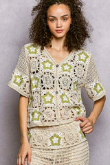 POL Button Front V-Neck Crochet Cardigan with Contast Star 