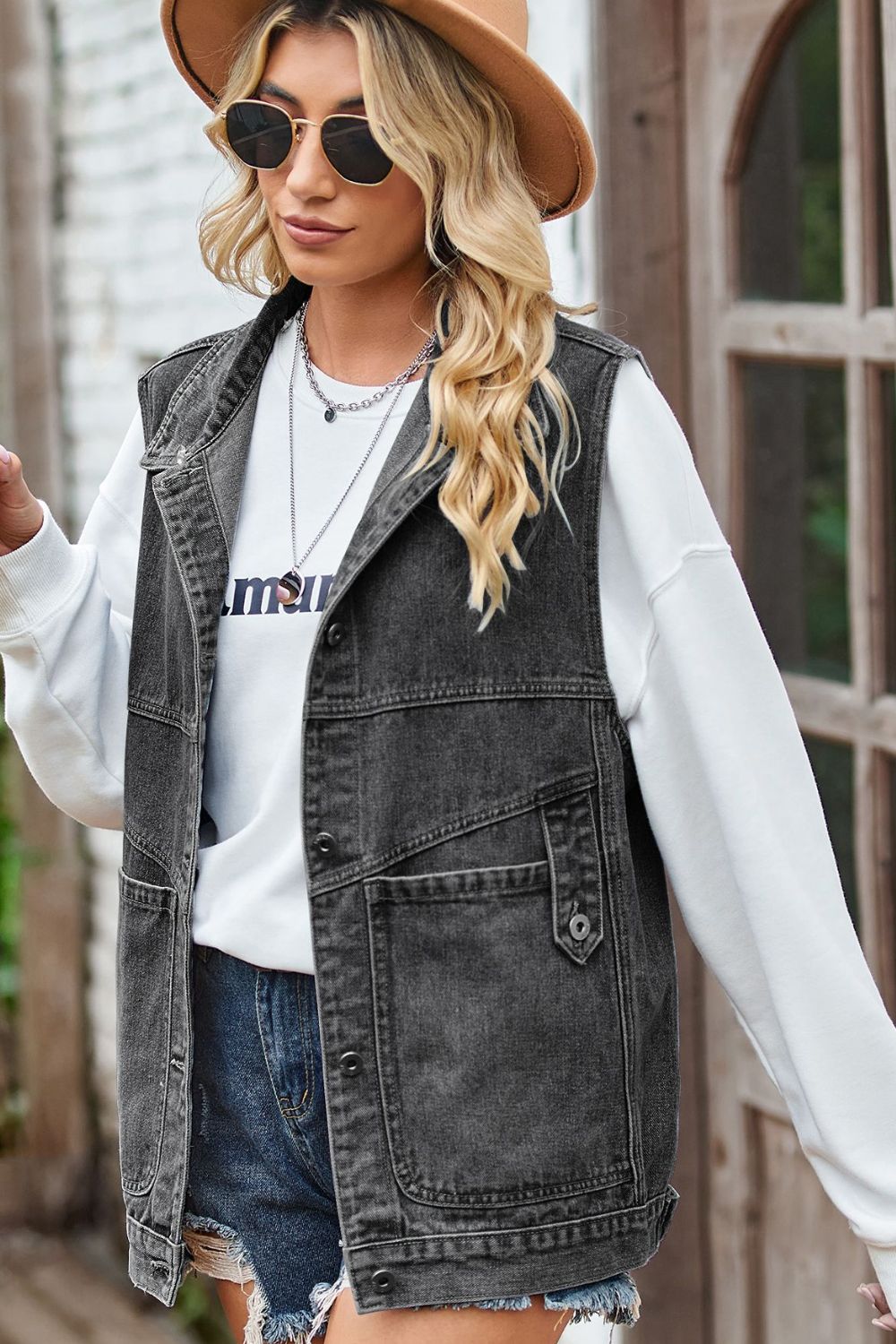 Sleeveless Denim Top with A Detachable Hood 