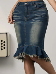 Raw Hem Mermaid Denim Skirt 