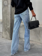 High-Waist Wash Raw Hem Jeans 