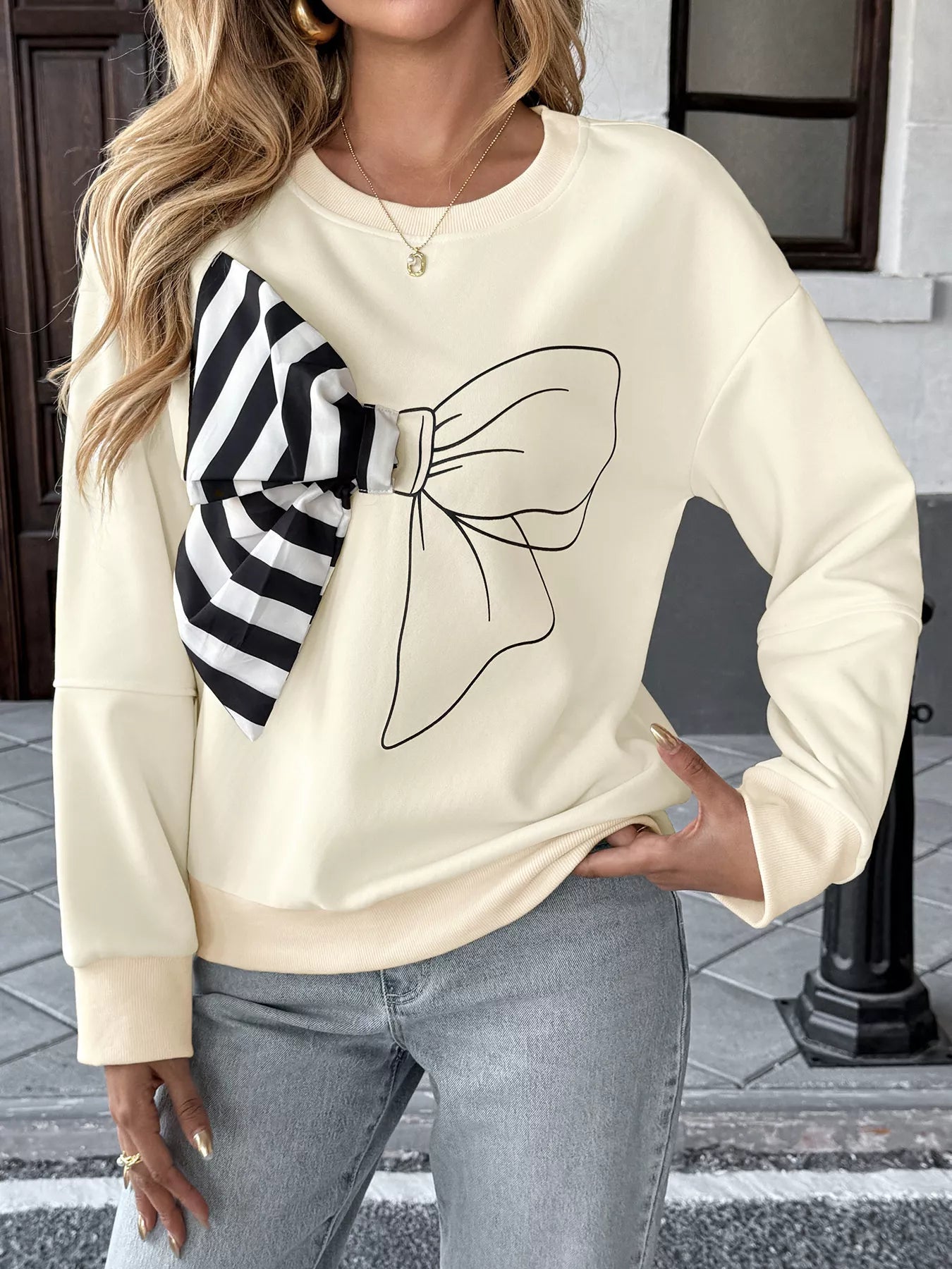 Bow Round Neck Dropped Shoulder Sweatshirt 